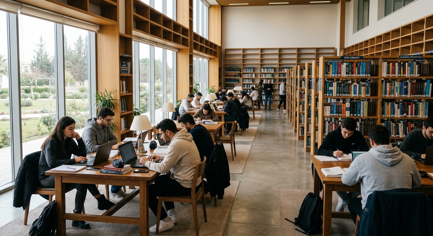 Cyprus West University library interior, students studying at desks, bookshelves with academic resources, quiet study area with natural lighting
