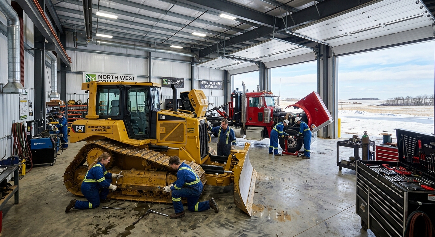 Spacious trades workshop at North West College Meadow Lake campus with heavy duty equipment including bulldozers and trucks, students in safety gear performing hands-on mechanical repairs, bright industrial lighting, Saskatchewan prairie landscape visible through large bay doors