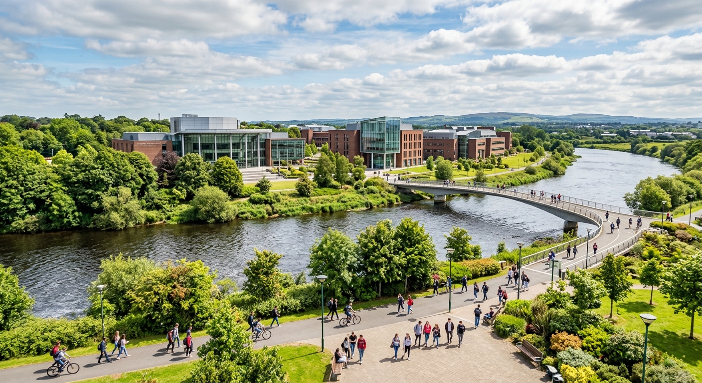 University of Limerick campus along the River Shannon with modern academic buildings, green parklands, and students walking on pathways, bright Irish sky with scattered clouds