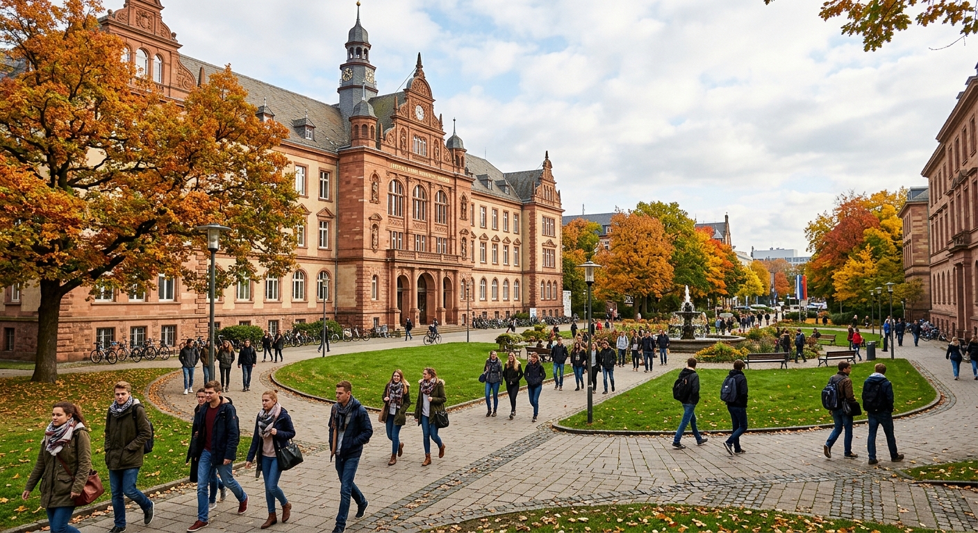 Historic sandstone university building at Justus Liebig University Giessen with green courtyard, students walking between lecture halls, European architecture, autumn trees lining the campus pathway in Hesse, Germany
