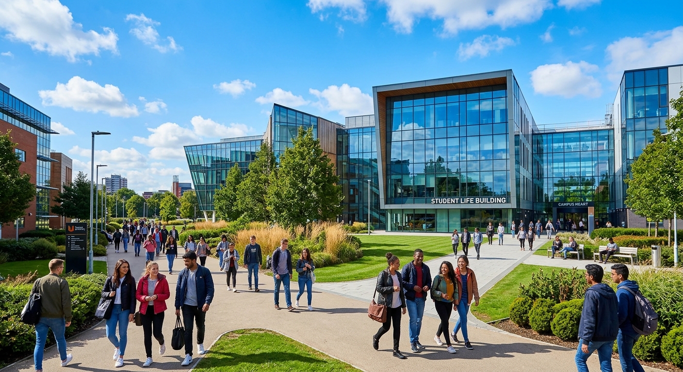 Modern Teesside University campus in Middlesbrough with contemporary glass buildings, international students walking across campus grounds, green landscaping and blue sky in the background
