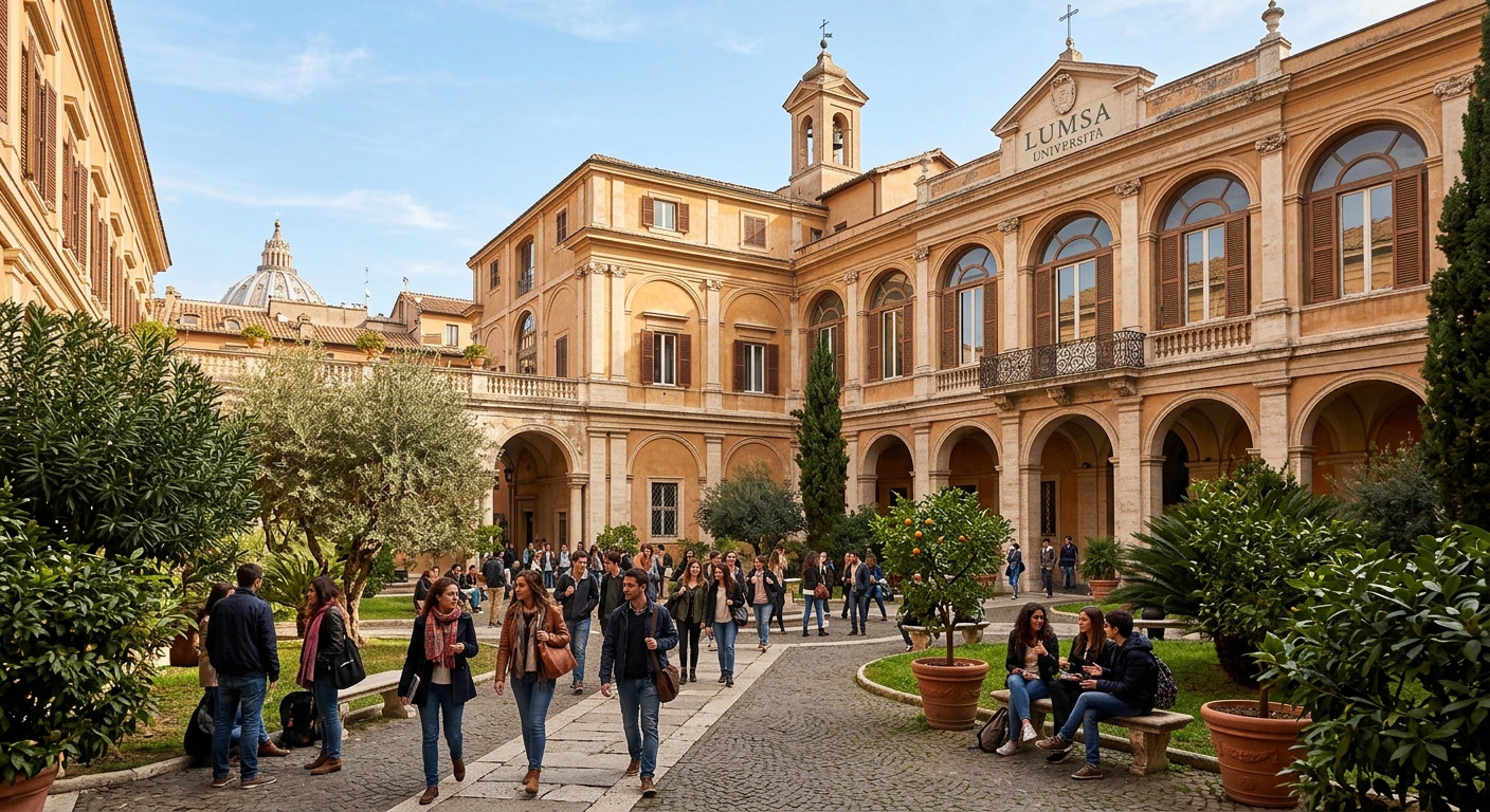 Historic LUMSA University campus building near St. Peter's Square in Rome, elegant Italian architecture with arched windows, students walking through a sunlit courtyard with Mediterranean greenery