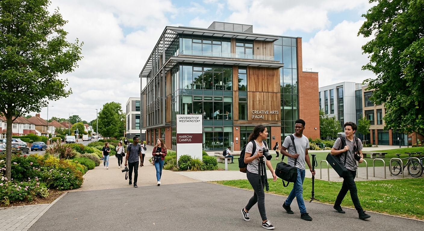 University of Westminster Harrow Campus exterior with modern creative arts building, students walking with camera equipment, London suburban setting with green landscaping and contemporary architecture