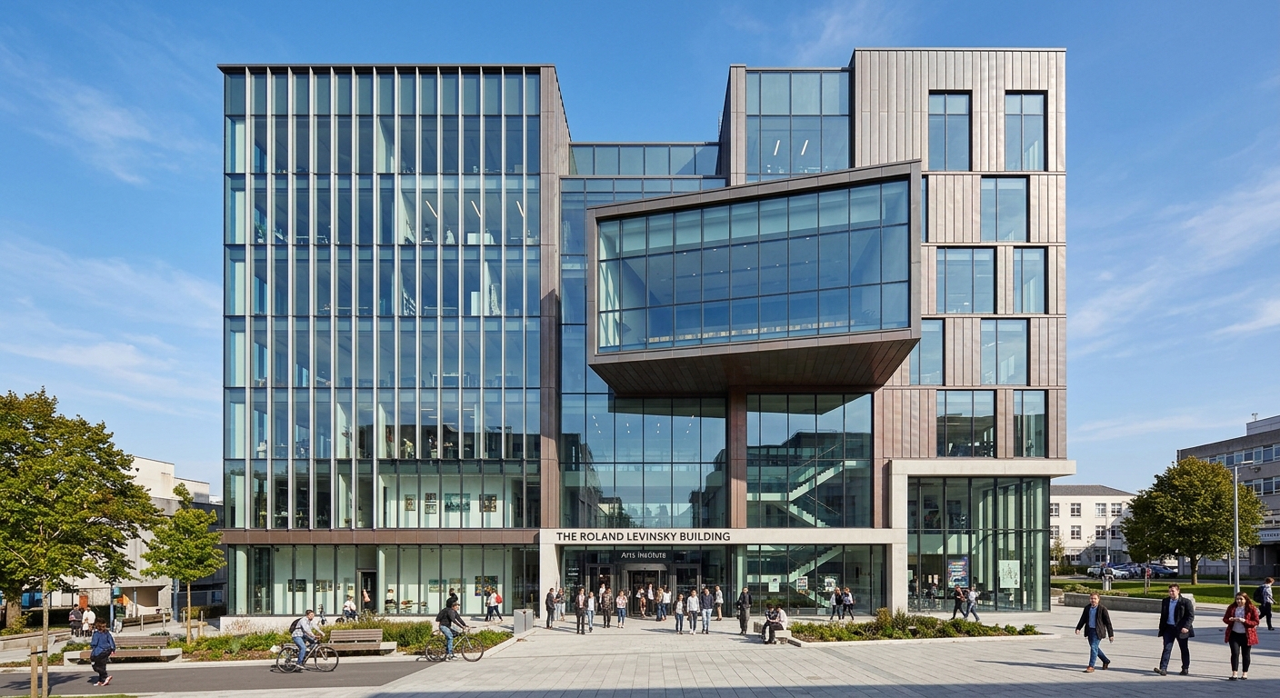 The Roland Levinsky Building at the University of Plymouth, a striking modern nine-storey structure with glass facades, housing art galleries and performance studios, photographed on a clear day