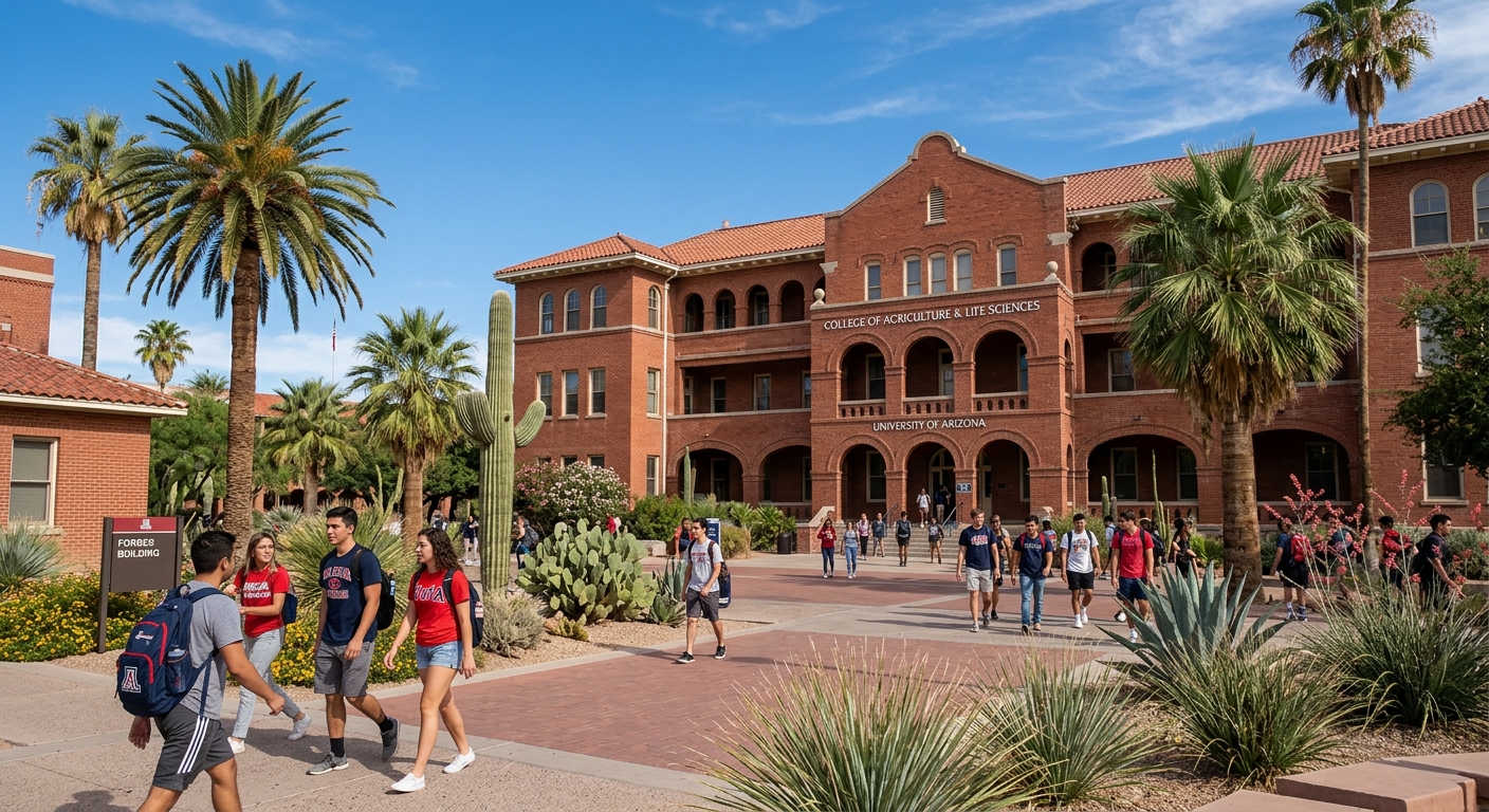University of Arizona campus in Tucson with desert landscape, red brick buildings, palm trees, and students walking near the College of Agriculture and Life Sciences building under a clear blue sky