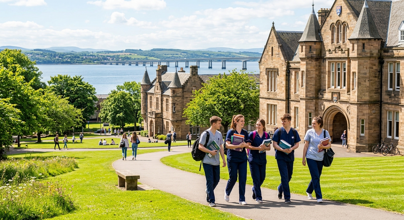 University of Dundee campus in Scotland with historic stone buildings, green lawns, and the River Tay visible in the background, nursing students walking with books on a sunny day