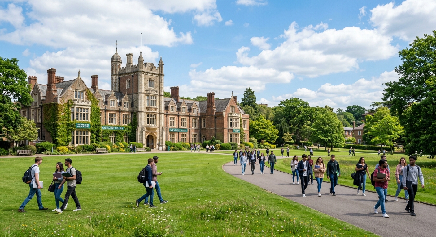 University of Roehampton parkland campus in south-west London with historic college buildings, green lawns, and students walking between lecture halls on a sunny day