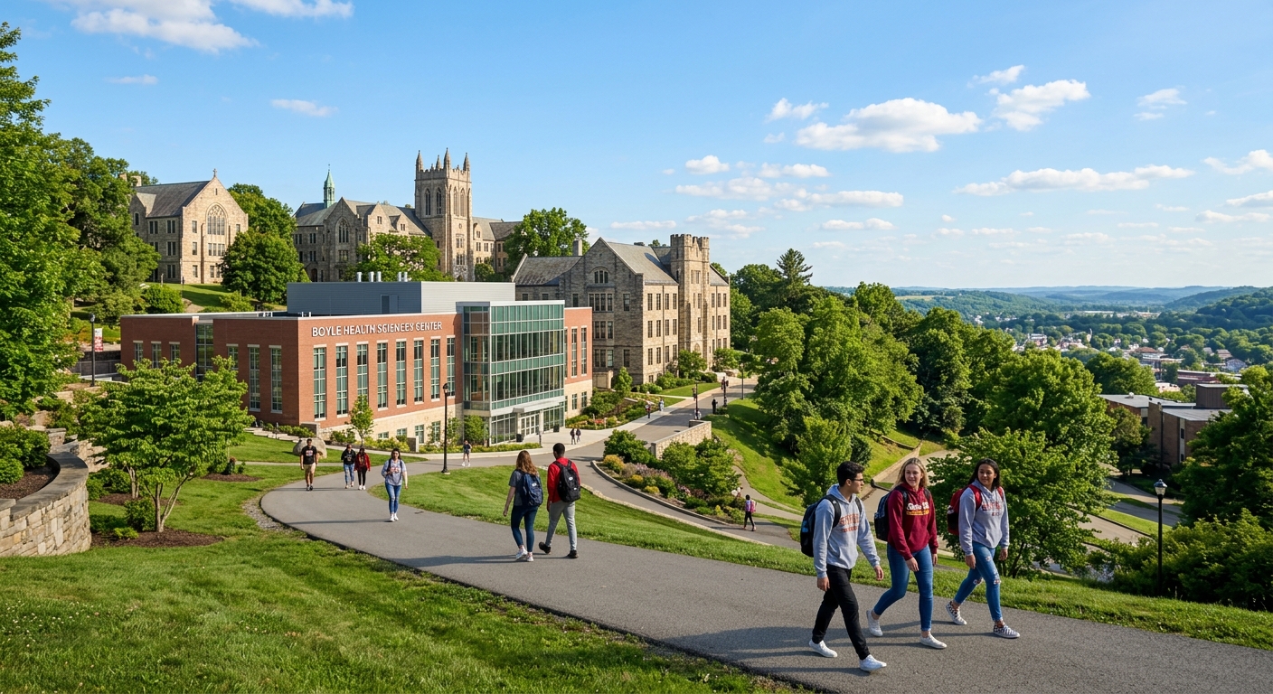 Seton Hill University campus in Greensburg Pennsylvania, historic stone buildings surrounded by green trees on a hilltop, students walking along pathways near the Boyle Health Sciences Center, sunny day with blue sky