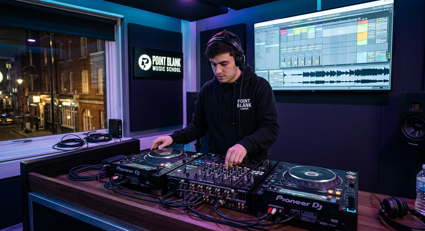 Modern DJ studio at Point Blank Music School in Shoreditch London, Pioneer DJ equipment including CDJ-3000 and DJM-V10 mixer on a professional deck, LED ambient lighting, student practicing mixing with headphones, Ableton Live on screen in background
