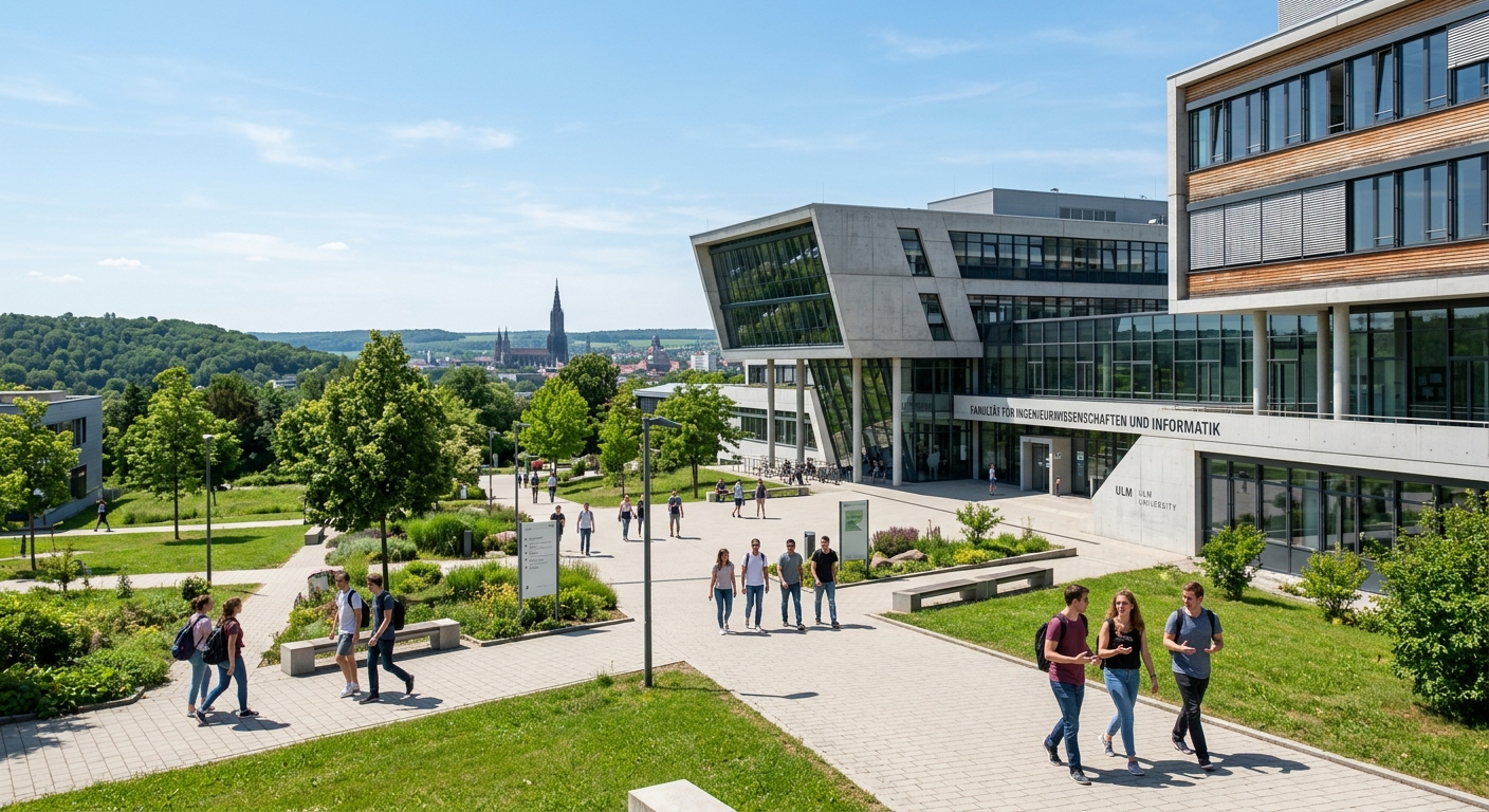Modern university campus of Ulm University on the Oberer Eselsberg hill, featuring contemporary architecture, green spaces, and engineering faculty buildings with students walking between lecture halls under clear skies