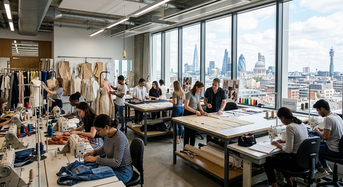 Modern fashion manufacturing studio at University of Westminster London, students working with industrial sewing machines and pattern cutting tables, fabric rolls and mannequins visible, bright studio lighting with large windows overlooking London skyline