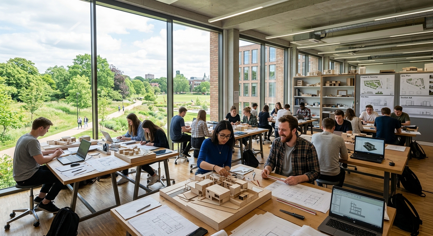 Modern university campus in southwest London with green parkland setting, architectural design studio with students working on building models and technical drawings, natural light streaming through large windows