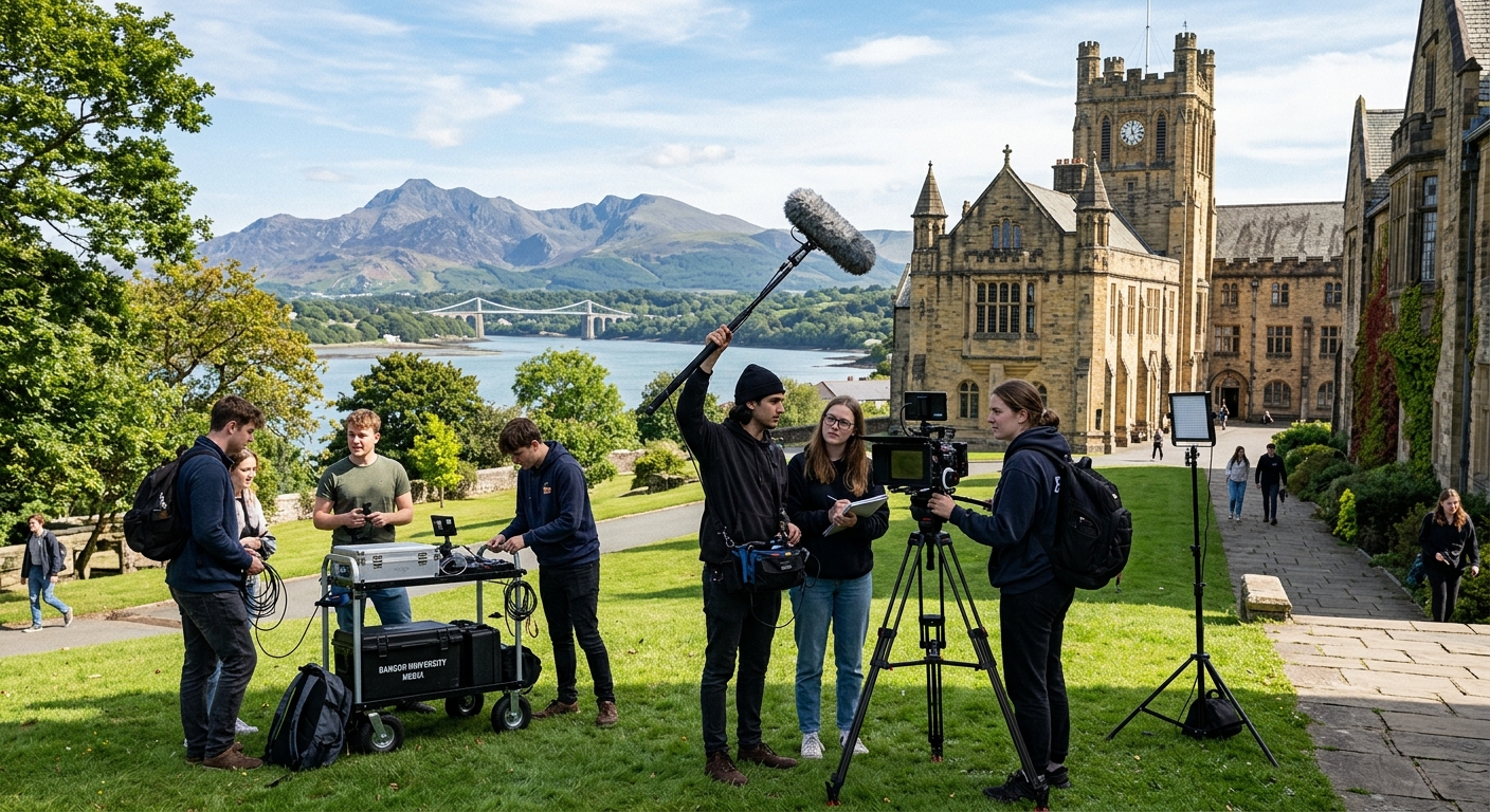 Bangor University campus nestled between Snowdonia mountains and the Menai Strait, historic stone buildings surrounded by lush green landscape, media production students working with cameras and equipment outdoors in North Wales