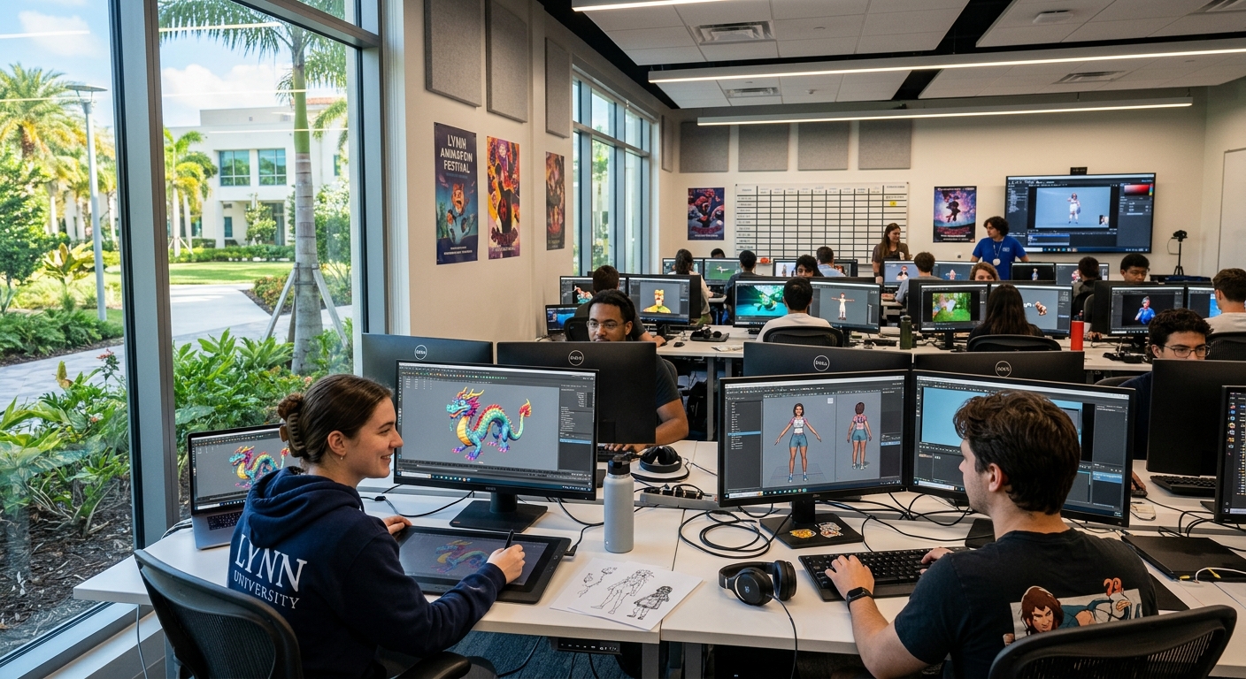 Modern computer animation studio at Lynn University in Boca Raton Florida, students working on 3D modeling and digital animation projects at high-end workstations, large monitors displaying colorful character designs, tropical campus visible through windows