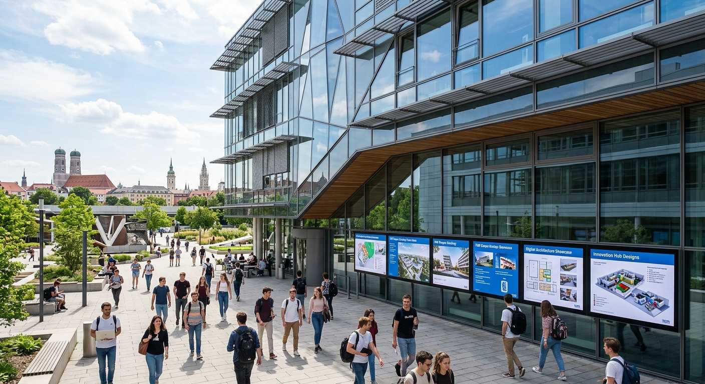 Modern Technical University of Munich campus building with glass facade, students walking through courtyard, digital architecture visualizations on display screens, Munich cityscape in background, bright daylight