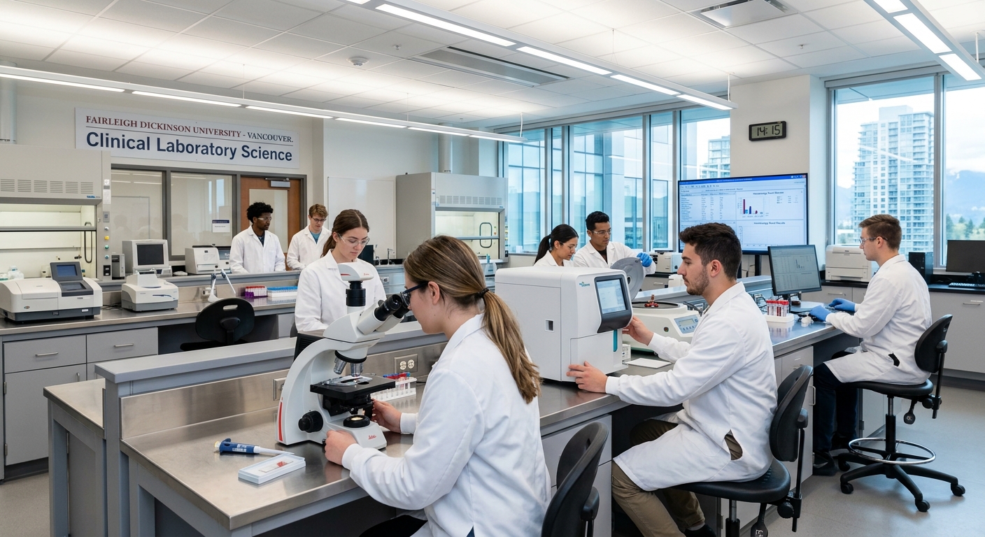 Modern clinical laboratory setting with students in white lab coats operating microscopes and diagnostic equipment, bright fluorescent lighting, Fairleigh Dickinson University campus in Vancouver, Canada