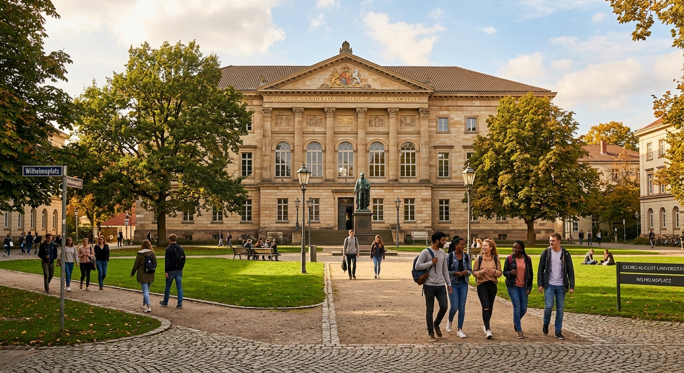 Historic University of Göttingen campus building with neoclassical architecture, green courtyard, students walking along cobblestone paths, Lower Saxony Germany, warm afternoon light