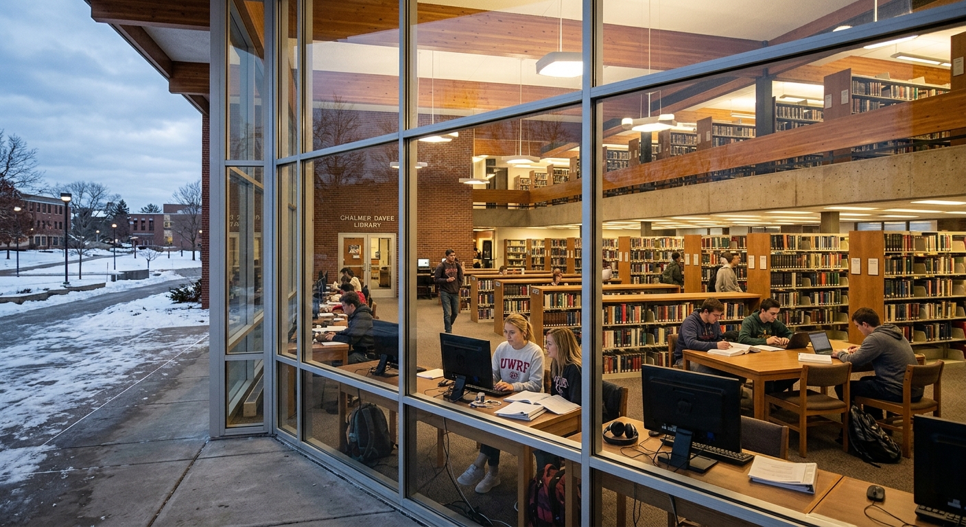 Chalmer Davee Library at UW-River Falls, mid-century modern architecture, students studying inside, bookshelves and computer stations visible through large windows