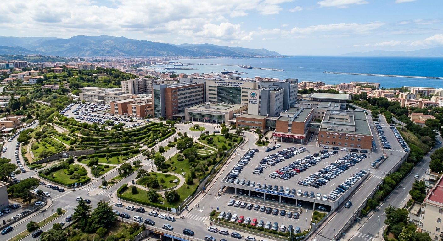 Policlinico G. Martino university hospital in Messina, large modern medical complex with clinical training facilities, green landscaping and parking areas