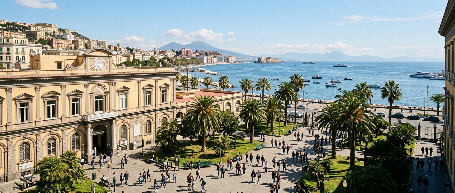 Panoramic view of Naples waterfront with Parthenope University campus buildings, Mediterranean Sea in background, historic Palazzo Pacanowski facade, students walking through sunlit courtyard with palm trees