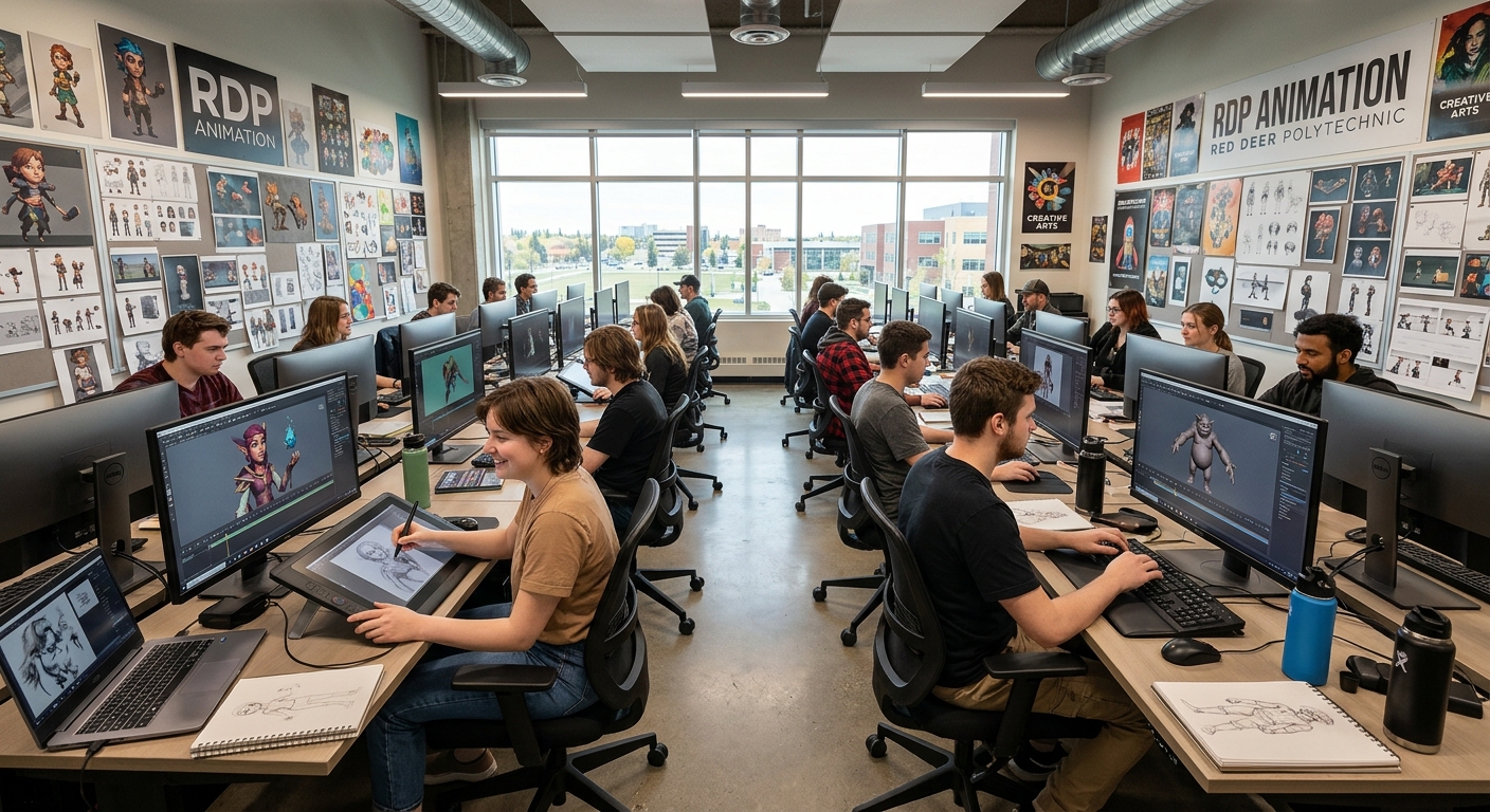 Modern animation studio classroom at Red Deer Polytechnic with students working on high-end computer workstations, 3D character models displayed on screens, drawing tablets on desks, and bright creative workspace with artwork displayed on walls in Red Deer, Alberta, Canada