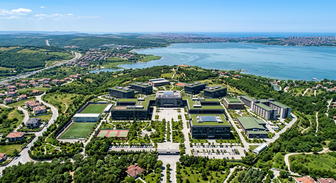 Istanbul Arel University Tepekent Kemal Gözükara Campus aerial view, modern university buildings surrounded by green landscape near Büyükçekmece Lake, clear blue sky, Istanbul European side