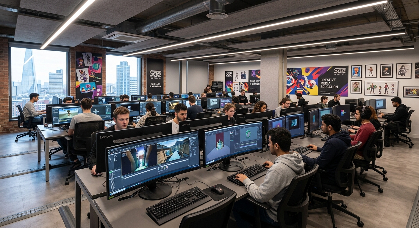 SAE Institute London computer lab with rows of high-spec workstations running game development and animation software, modern lighting and creative wall displays