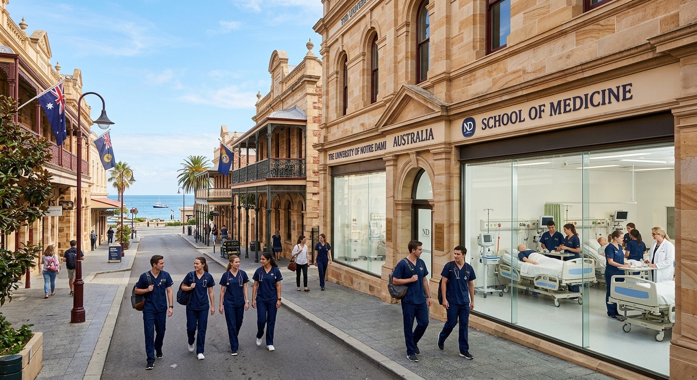 University of Notre Dame Australia Fremantle campus, historic sandstone buildings on Henry Street with medical students walking, clinical skills simulation lab visible through windows, Western Australian coastal town atmosphere with blue sky