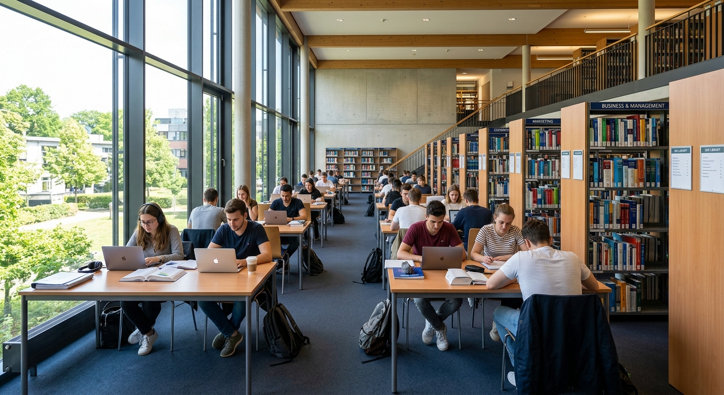ISM Dortmund library interior, students studying at desks, bookshelves with business literature, bright natural lighting, quiet study atmosphere