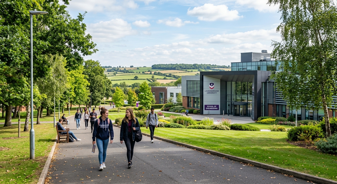 Loughborough University campus with modern engineering building, green landscaped grounds, students walking along tree-lined paths, Leicestershire countryside in background, bright daylight