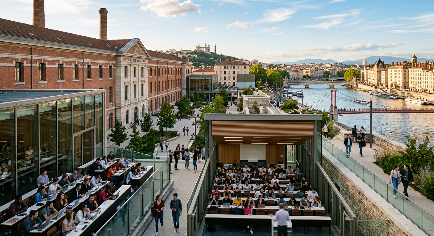 Historic Manufacture des Tabacs campus building at Jean Moulin Lyon 3 University, modern lecture halls with students, Lyon cityscape with Rhone river in background, warm afternoon light