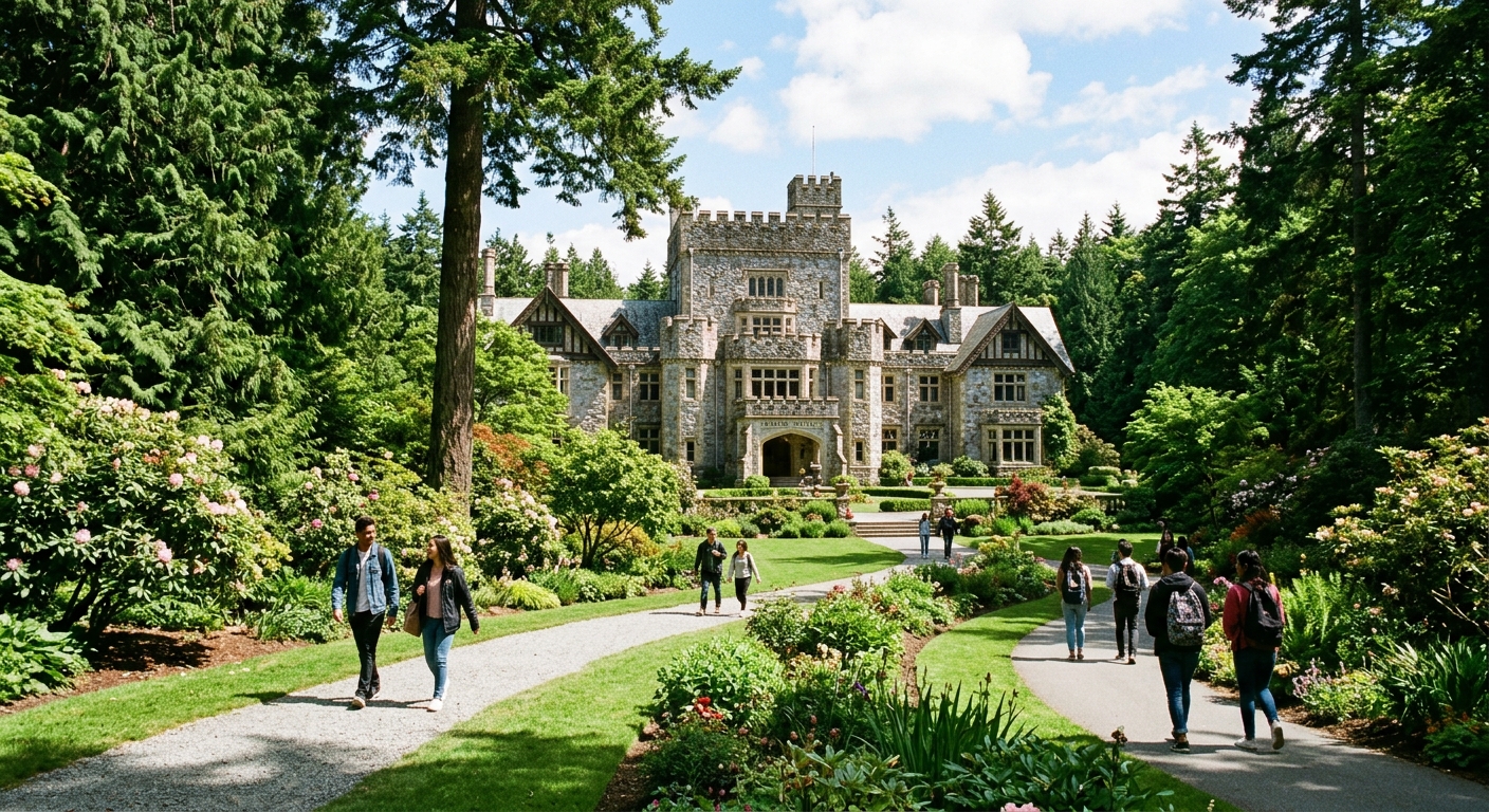 Royal Roads University historic Hatley Castle campus surrounded by lush green forests and gardens on Vancouver Island, British Columbia, with students walking along pathways under tall trees on a bright day