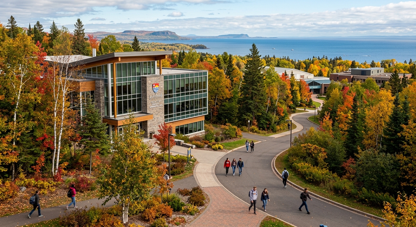 Lakehead University campus in Thunder Bay, Ontario with modern business faculty building surrounded by boreal forest and Lake Superior in the background, students walking on pathways during autumn
