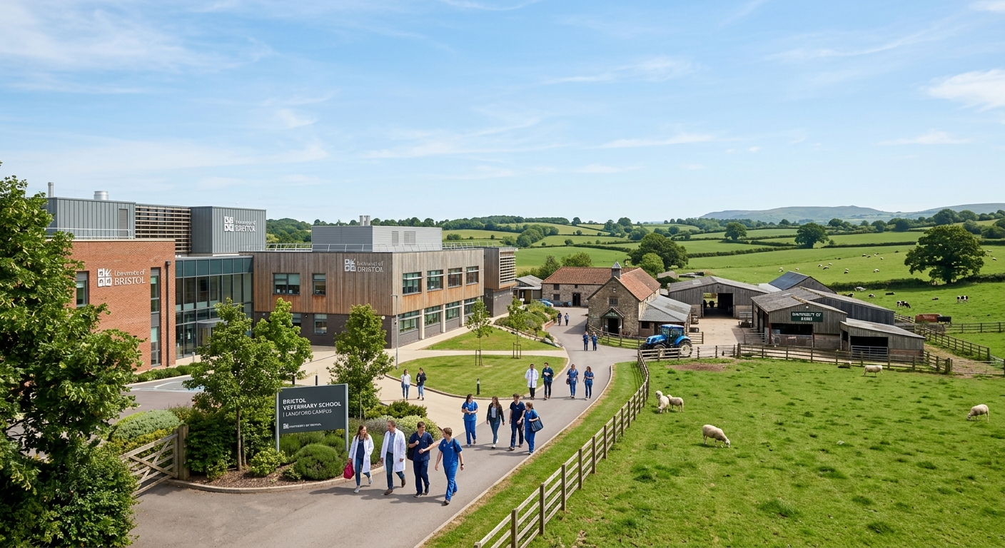 Langford campus of Bristol Veterinary School with green pastoral fields, modern veterinary research laboratories, and students walking near the University farm buildings under a clear English sky