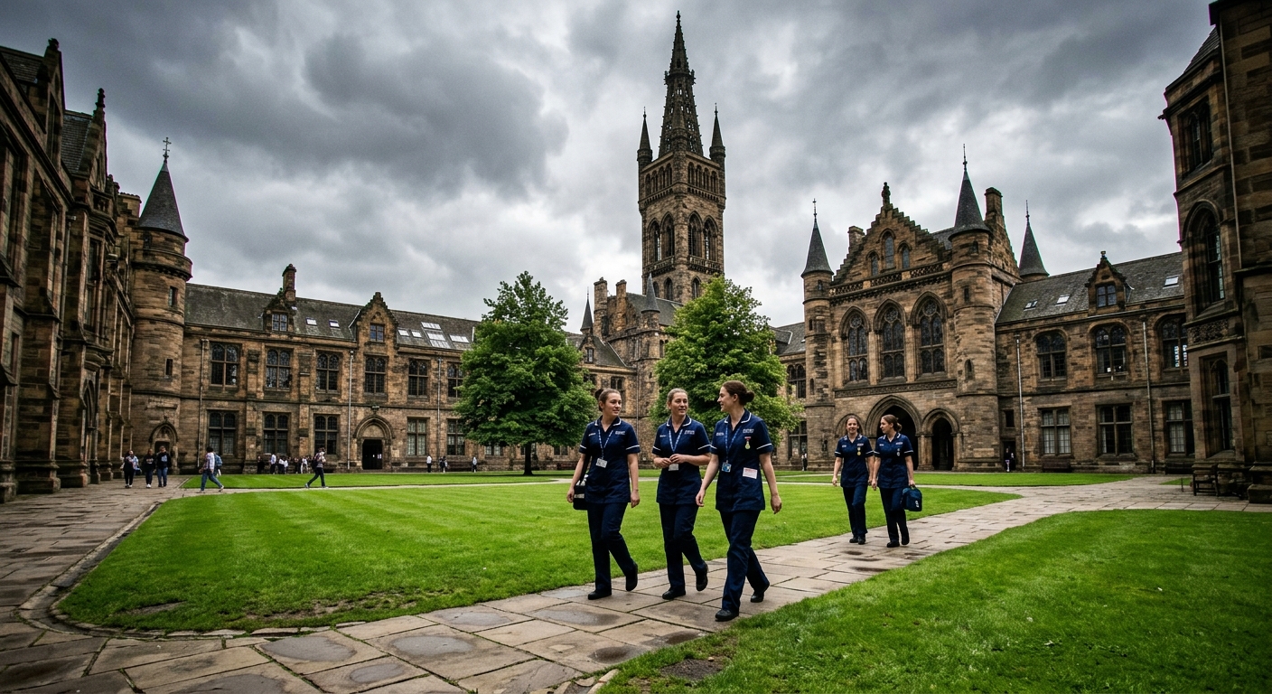 University of Glasgow historic Gothic Revival campus building with green lawns, nursing students walking through the quadrangle in clinical uniforms, overcast Scottish sky, stone architecture with spires and towers