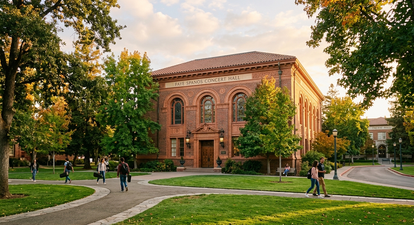 Historic Faye Spanos Concert Hall at University of the Pacific Conservatory of Music in Stockton California, elegant brick building with arched windows surrounded by mature trees and green campus lawns, warm golden hour lighting