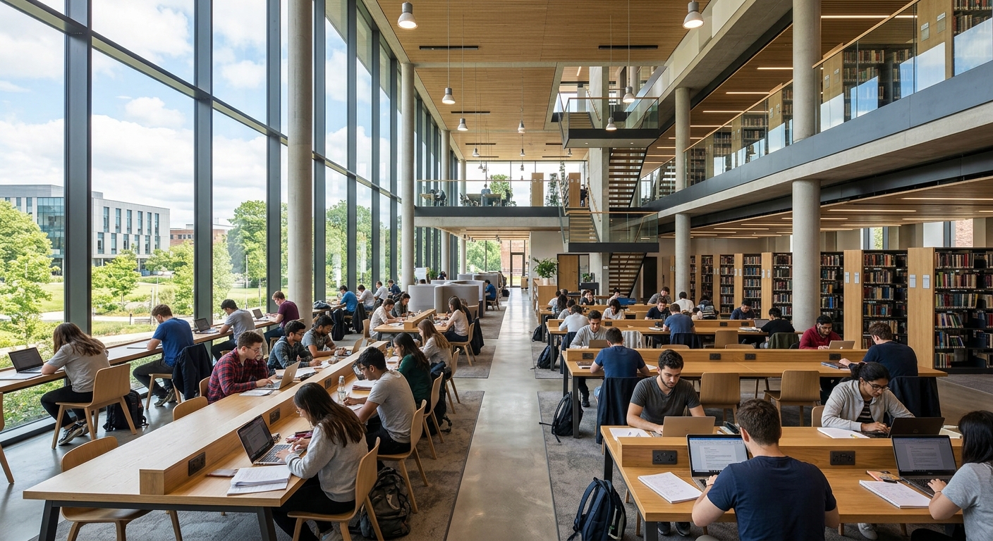 University of York modern library interior, students studying at desks, floor-to-ceiling windows, contemporary architecture, bright natural lighting