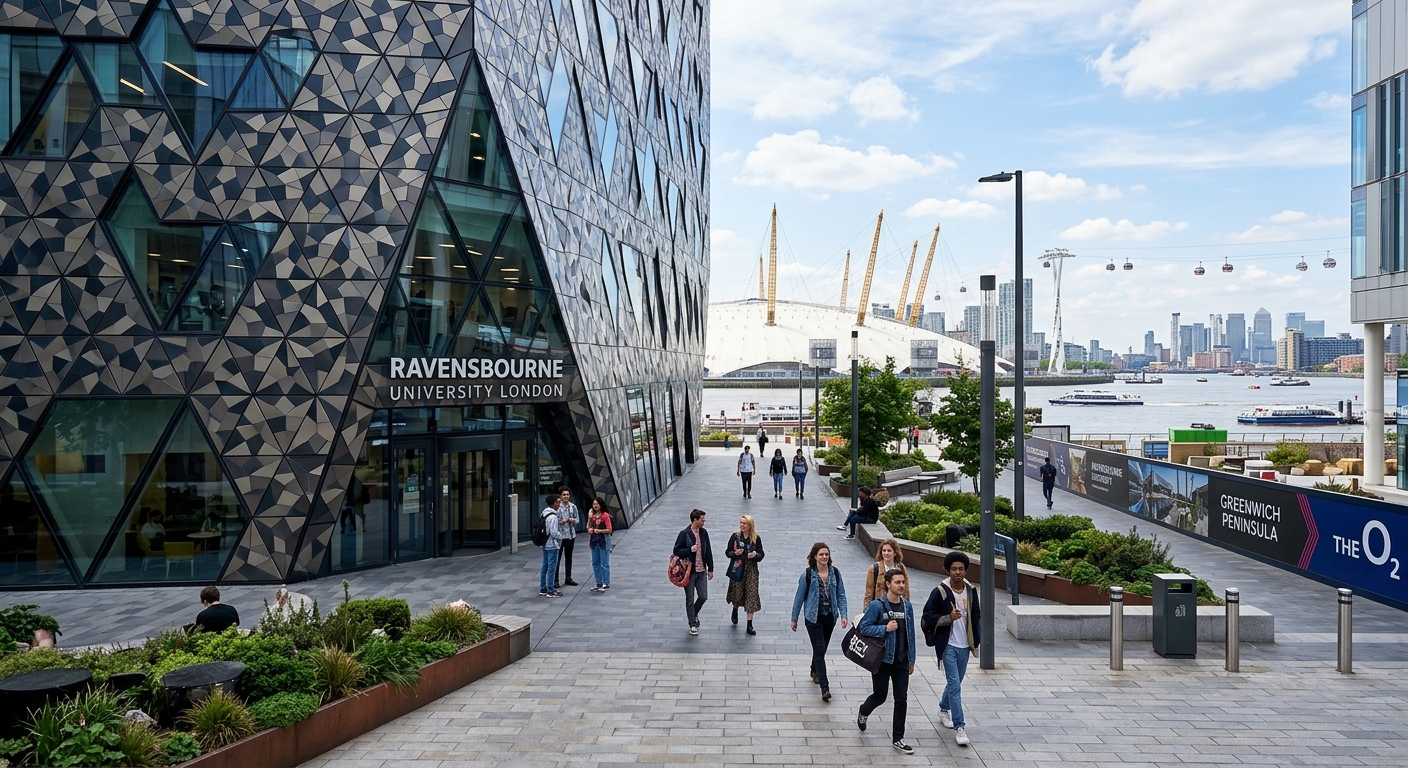 Modern Ravensbourne University London campus building on Greenwich Peninsula with geometric glass facade, students walking near the O2 Arena, creative design district setting with Thames river in background