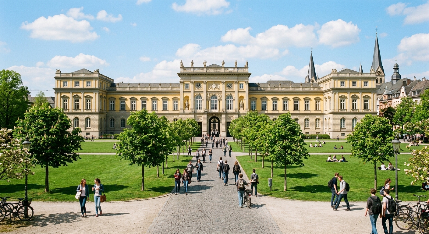 Historic main building of the University of Bonn with its grand neoclassical facade, green lawn in front, students walking along tree-lined paths, sunny day with blue sky over Bonn cityscape