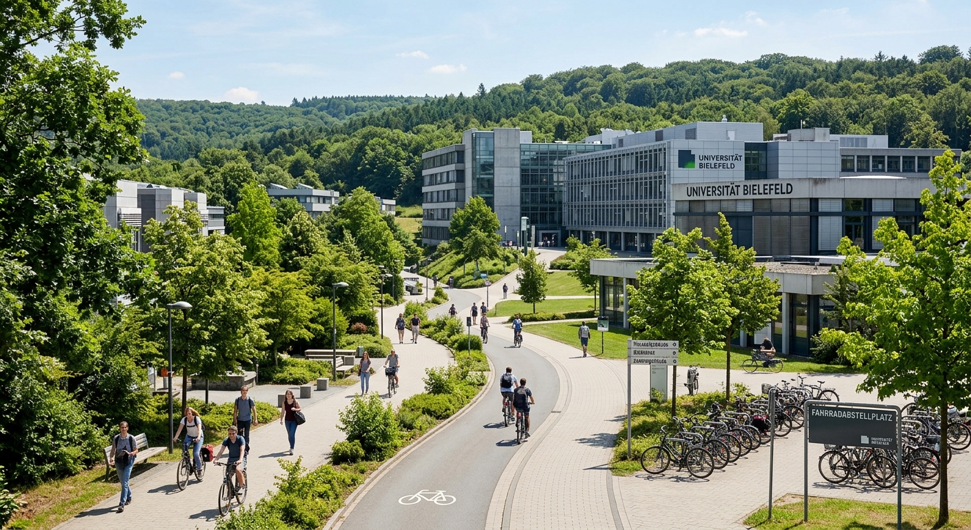 Bielefeld University campus exterior surrounded by green trees and Teutoburg Forest, modern buildings with pathways and bicycle racks, sunny day