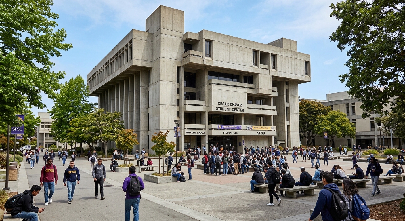 Cesar Chavez Student Center at SFSU, brutalist concrete architecture, students gathering in the plaza, campus quad with trees and benches
