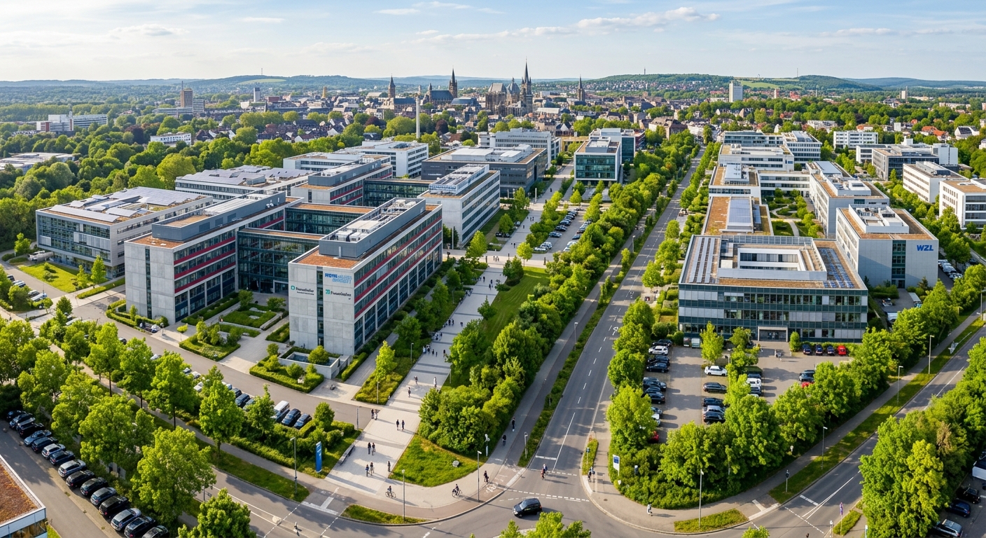 RWTH Aachen Campus Melaten research park, modern laboratory buildings, wide pathways with greenery, technology companies and research institutes, aerial perspective