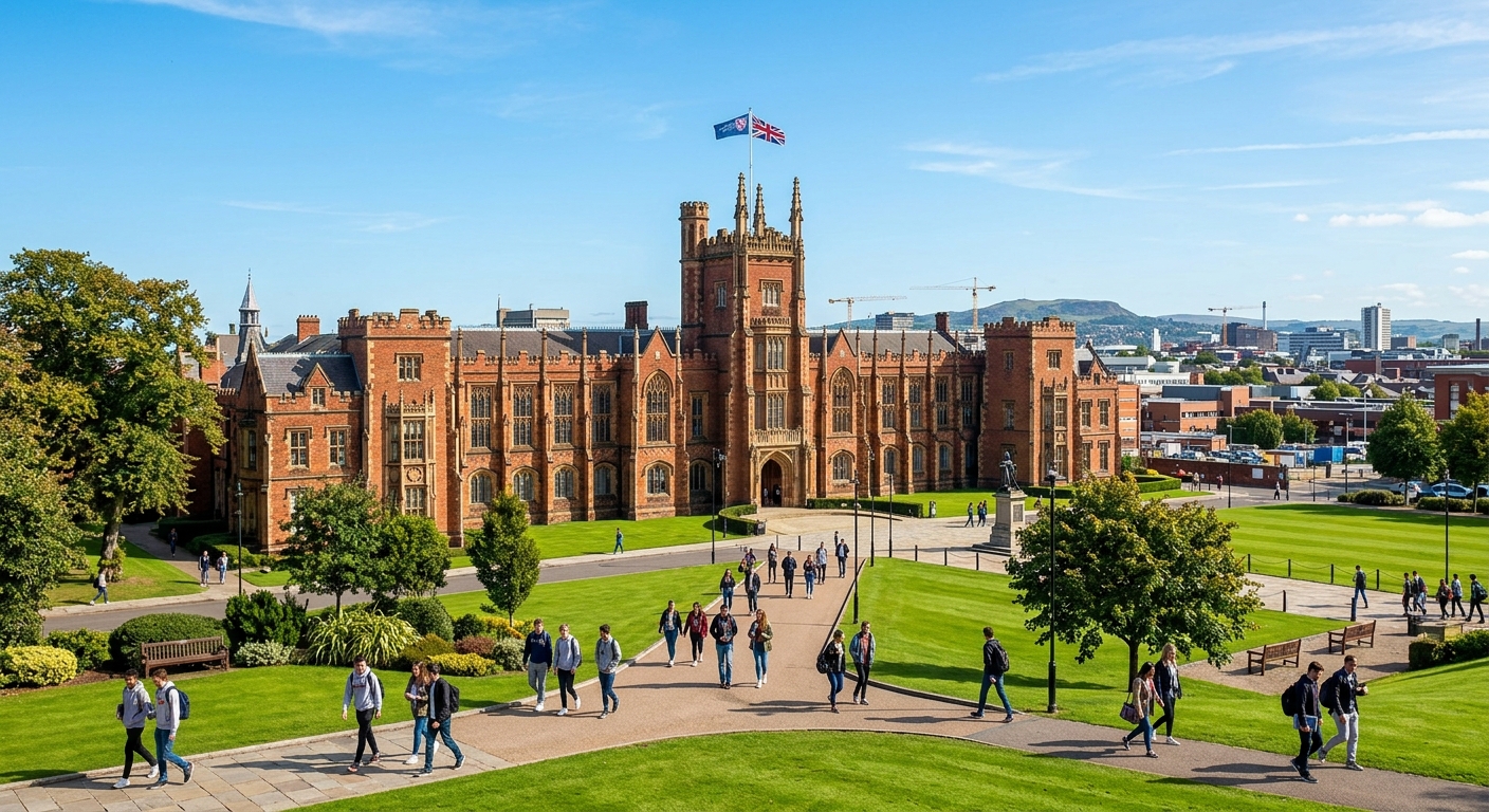 Queen's University Belfast historic red-brick Lanyon Building with green lawns in foreground, students walking on campus paths, clear sky over Belfast cityscape in background