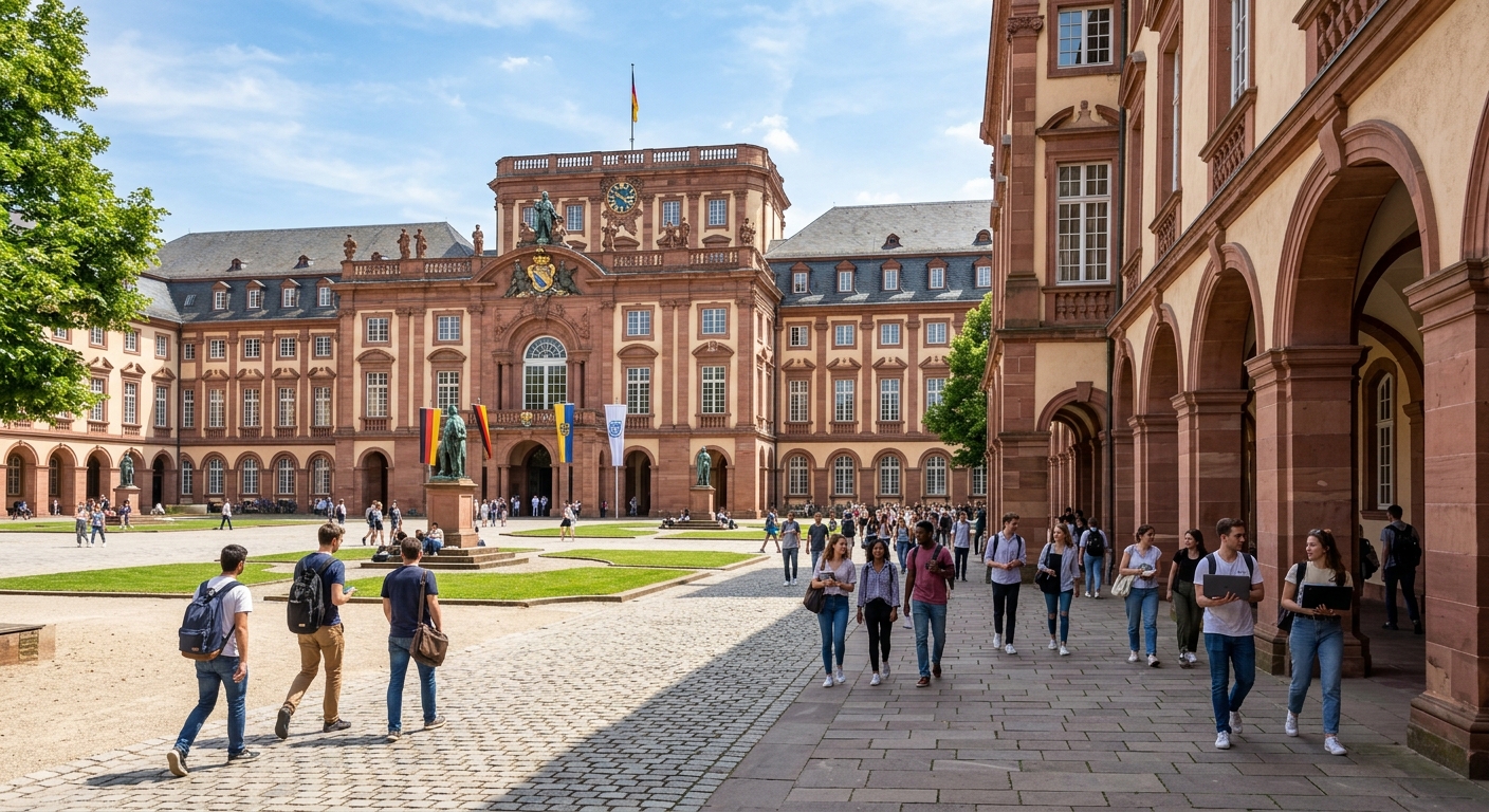 Historic Mannheim Baroque Palace with ornate facade and large courtyard, University of Mannheim campus, students walking through arched corridors, sunny day in Baden-Württemberg Germany