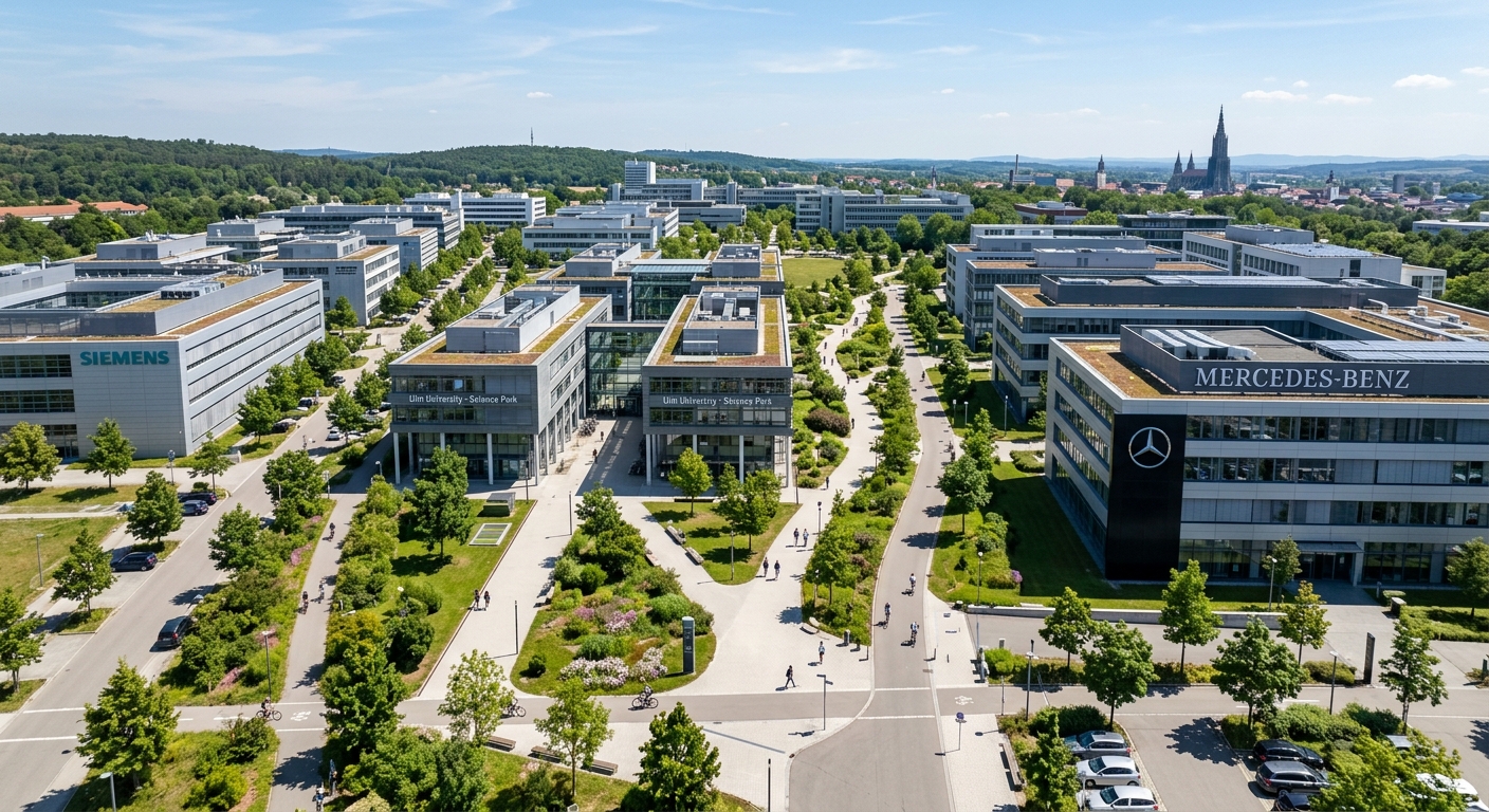 University of Ulm Science Park with modern research buildings, Daimler and Siemens logos visible, landscaped pathways connecting university and industry buildings