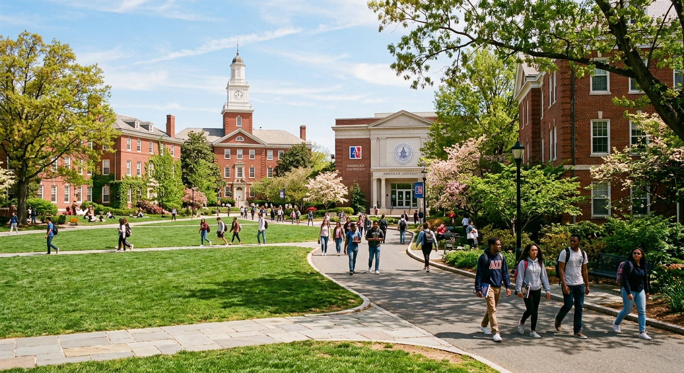 American University campus in Washington DC with red brick buildings, green lawns, and students walking along tree-lined pathways on a sunny day