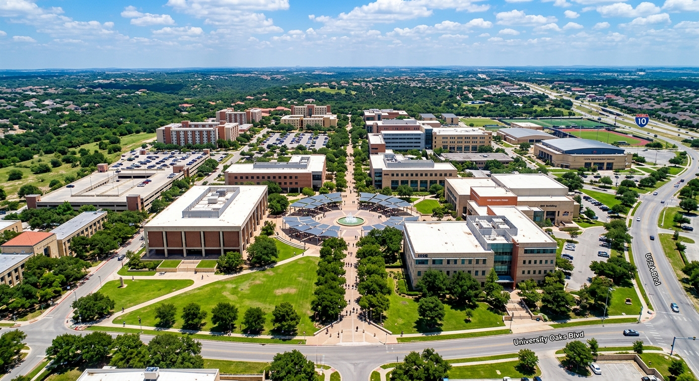 Aerial view of UTSA Main Campus in northwest San Antonio, Texas, showing modern academic buildings, the Sombrilla plaza, green lawns and tree-lined walkways under a bright blue Texas sky