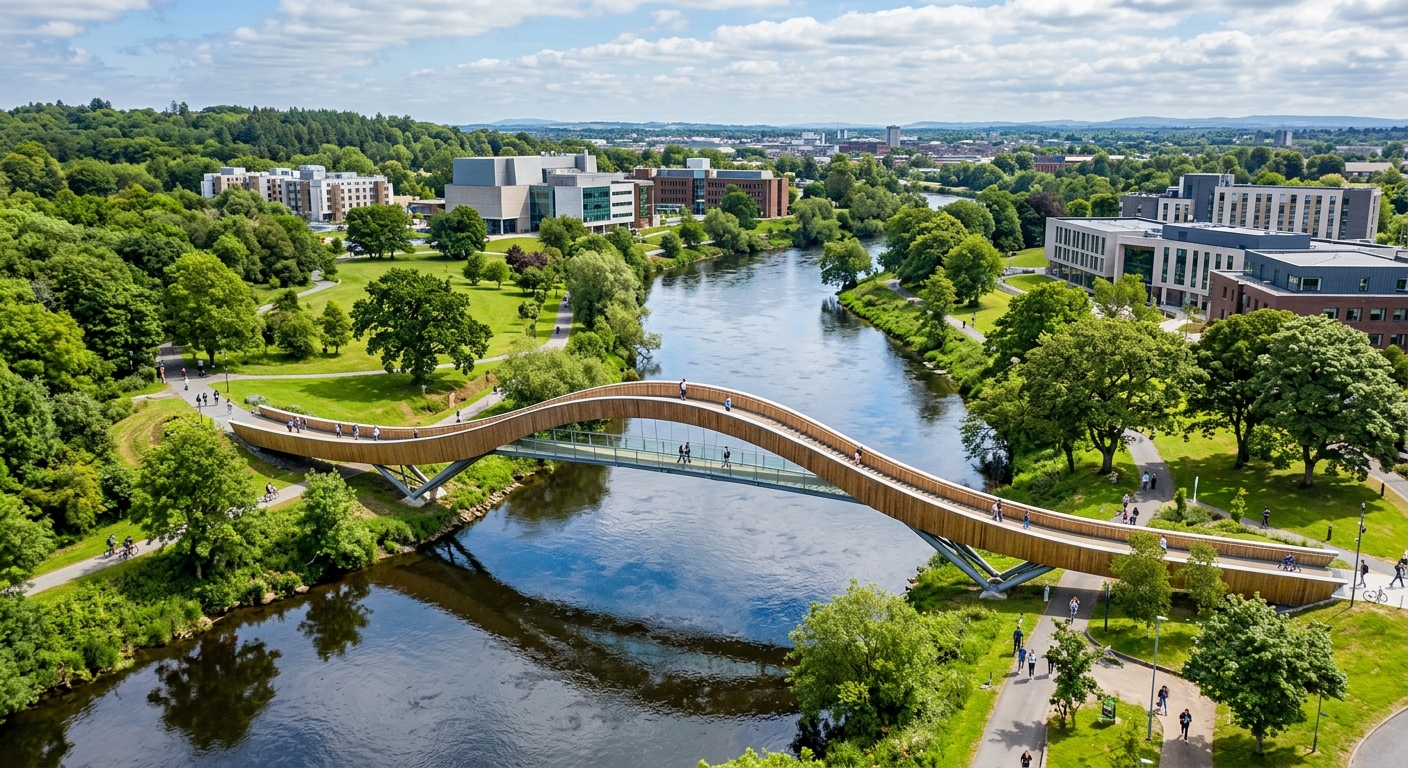 The iconic Living Bridge at University of Limerick spanning the River Shannon, with its undulating pedestrian walkway connecting north and south campus, surrounded by green parklands and modern buildings