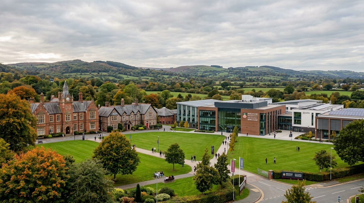 Wrexham University Plas Coch campus wide-angle view showing modern academic buildings alongside Grade II listed heritage structures, green lawns, and the Welsh countryside in the background under soft overcast skies