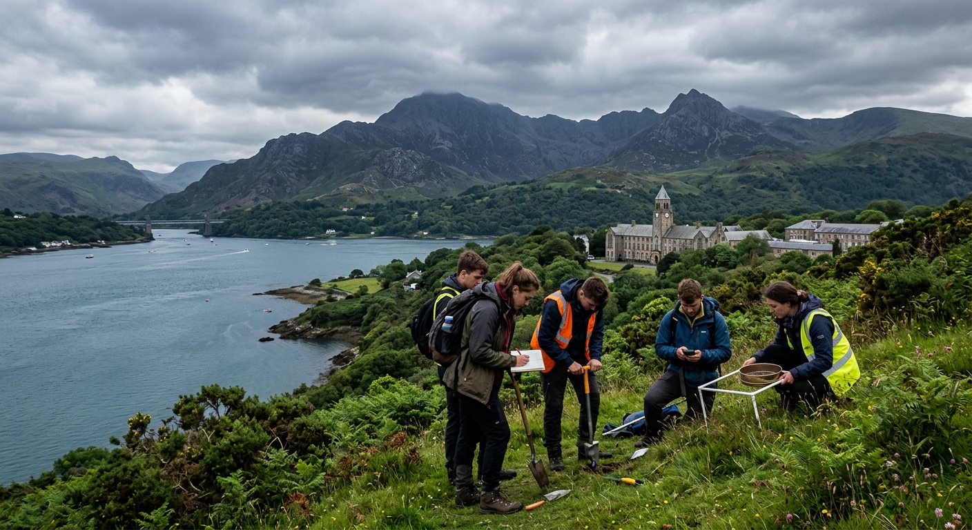 Bangor University campus with dramatic Snowdonia mountain backdrop and Menai Strait coastline, students conducting environmental fieldwork in lush Welsh landscape, overcast sky with green valleys